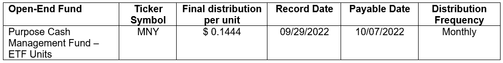 Purpose Cash Management Fund September 2022 distribution