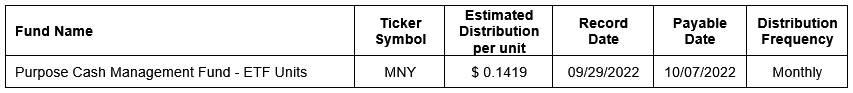 Purpose Cash Management Fund estimated distribution