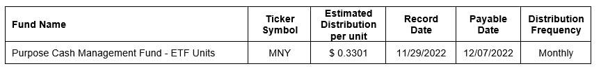 Purpose Cash Management Fund estimated distribution