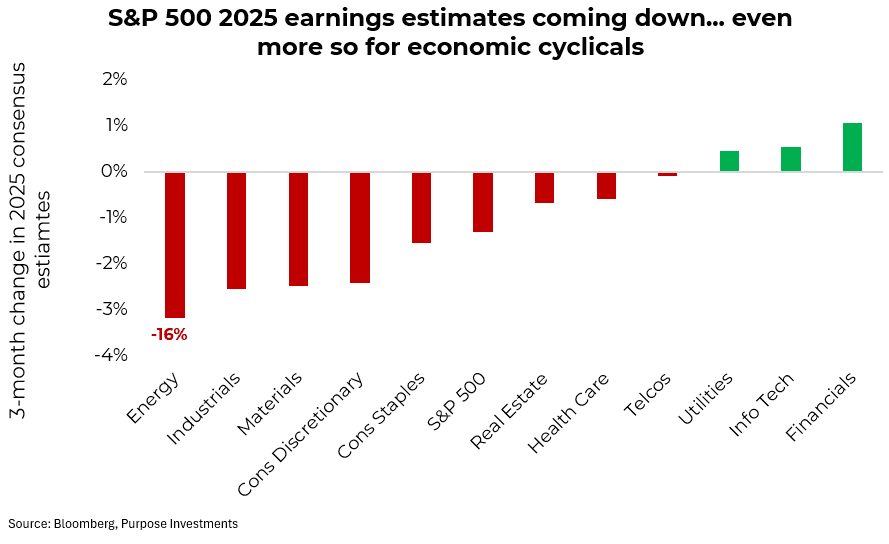 S&P 500 2025 earnings estimates coming down... even more so for economic cyclicals